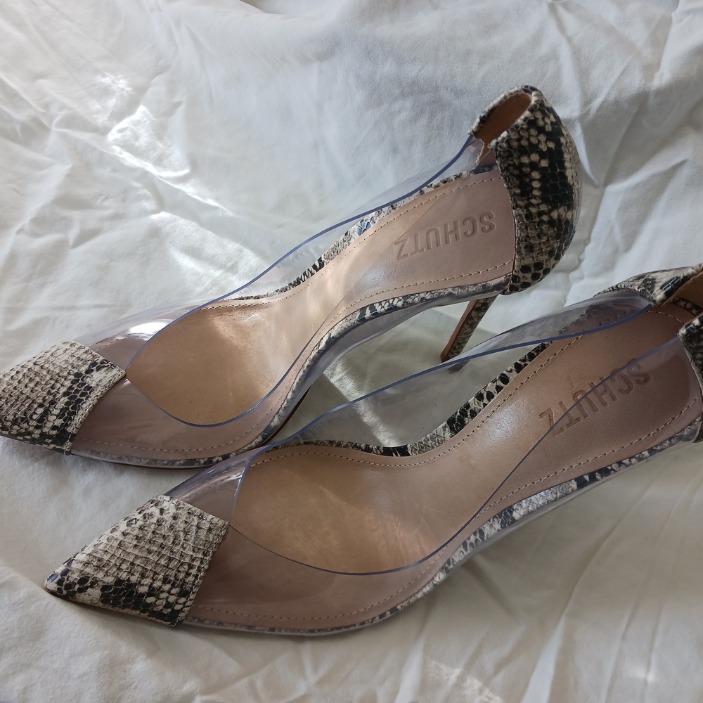 SCHUTZ Snakeskin and Clear Heels